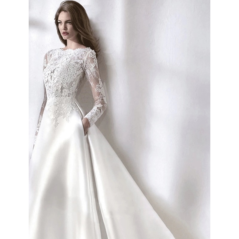 Reception Formal Fall Wedding Dresses A-Line Illusion Neck Long Sleeve Chapel Train Satin Bridal Gowns With Lace Pleats Summer Wedding Party