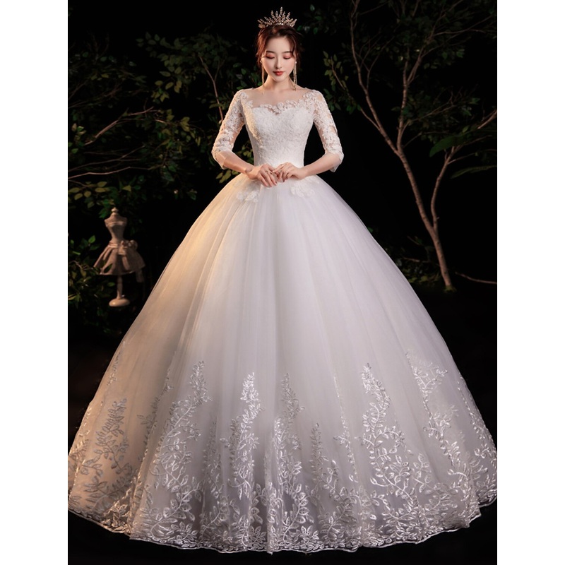 Reception Formal Wedding Dresses Ball Gown Illusion Neck Half Sleeve Floor Length Lace Bridal Gowns With Appliques Summer Wedding Party