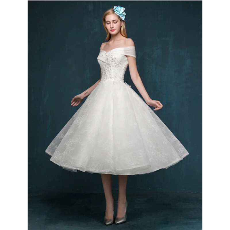 Reception Little White Dresses Wedding Dresses A-Line Off Shoulder Cap Sleeve Tea Length Lace Bridal Gowns With Beading Sequin Summer Wedding Party