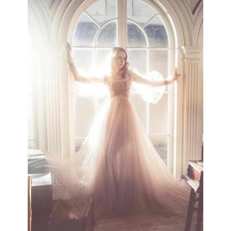 A-Line Elegant Boho Engagement Formal Evening Birthday Dress Scoop Neck Long Sleeve Sweep / Brush Train Tulle with Pleats Ruched
