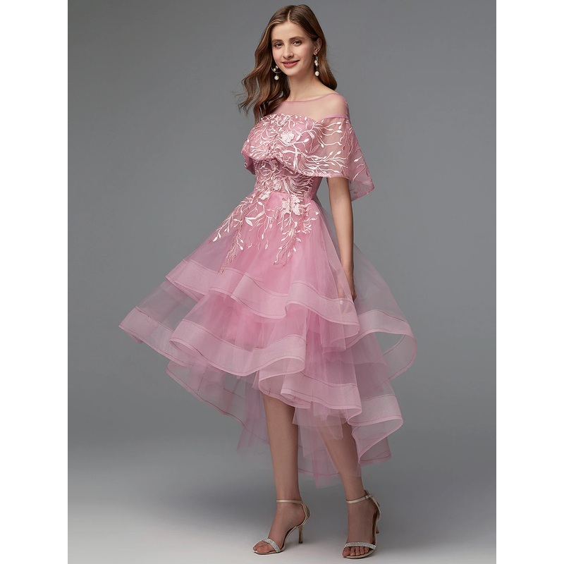 A-Line Elegant Dress Holiday Wedding Guest Asymmetrical Sleeveless Illusion Neck Lace Tie Back with Lace Insert