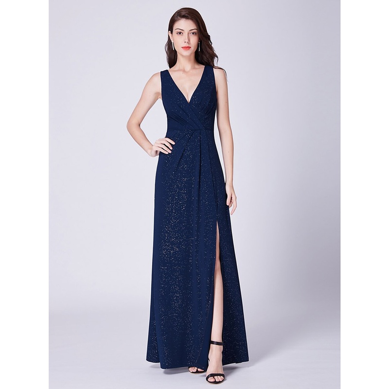 A-Line Elegant Formal Evening Dress V Neck Sleeveless Floor Length Cotton Blend with Draping
