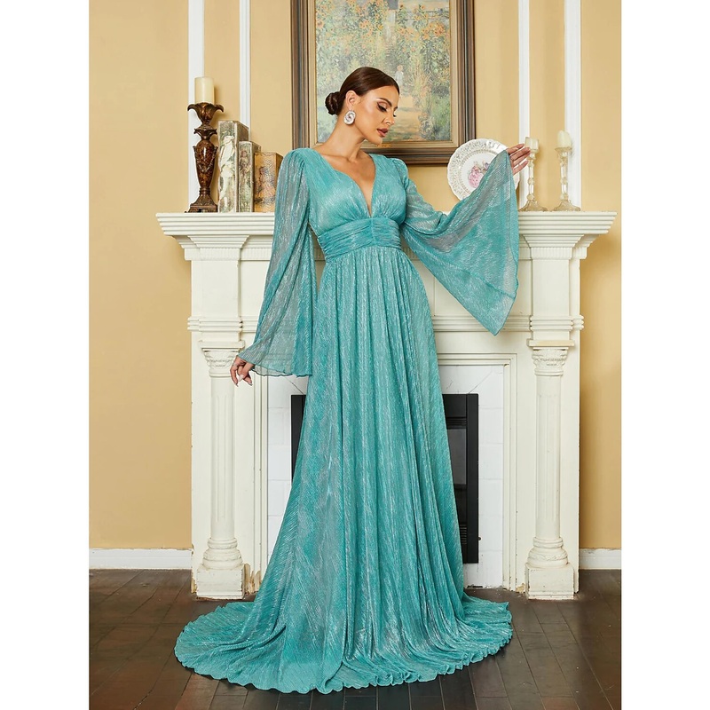 A-Line Evening Gown Elegant Dress Formal Court Train Long Sleeve V Neck Sequined with Glitter Pleats