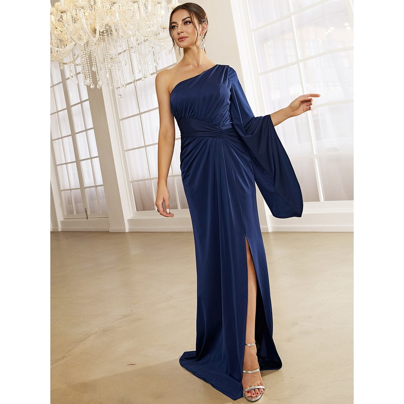 A-Line Evening Gown Elegant Dress Formal Fall Sweep / Brush Train Long Sleeve One Shoulder Stretch Fabric with Pleats Ruched Slit