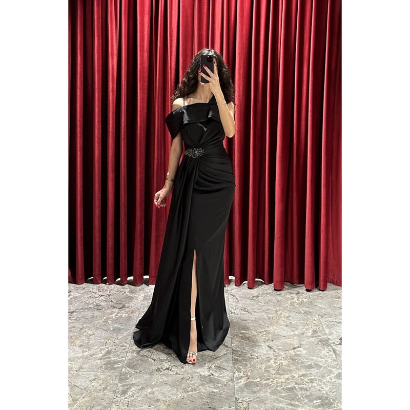 A-Line Evening Gown Elegant Dress Formal Fall Sweep / Brush Train Short Sleeve One Shoulder Satin with Ruched Slit