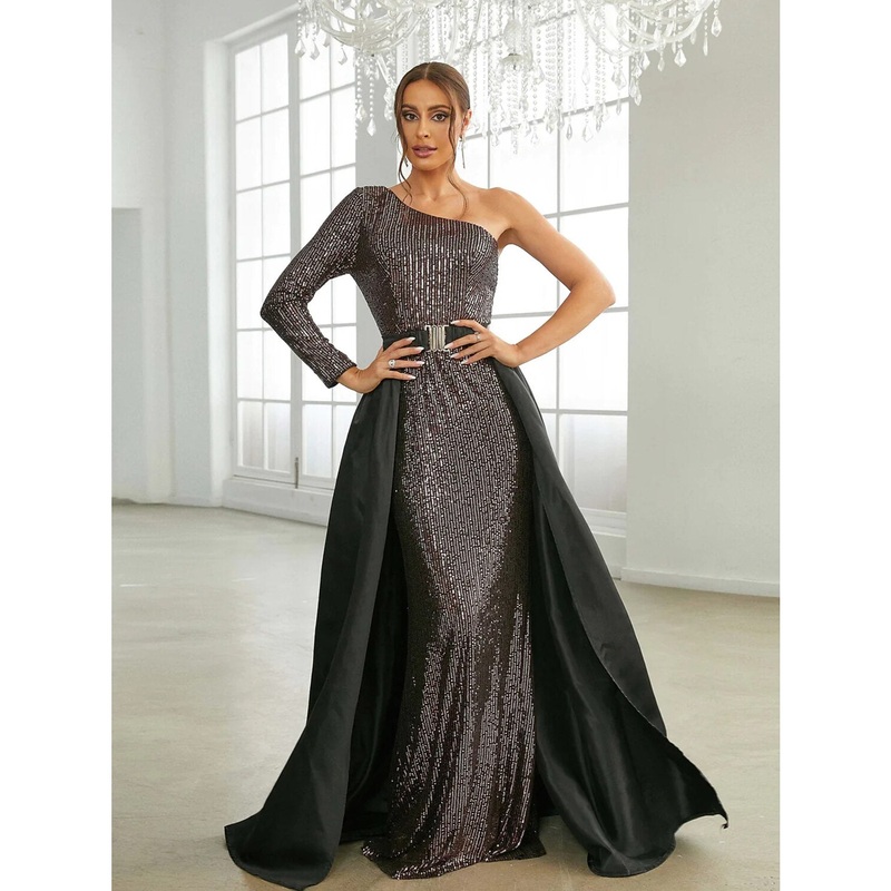 A-Line Evening Gown Elegant Dress Formal Sweep / Brush Train Long Sleeve One Shoulder Sequined with Glitter Pleats