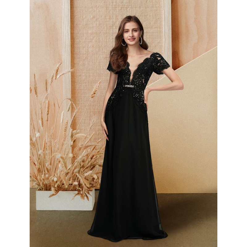 A-Line Evening Gown Empire Dress Engagement Formal Evening Floor Length Short Sleeve V Neck Chiffon with Sequin Lace Insert