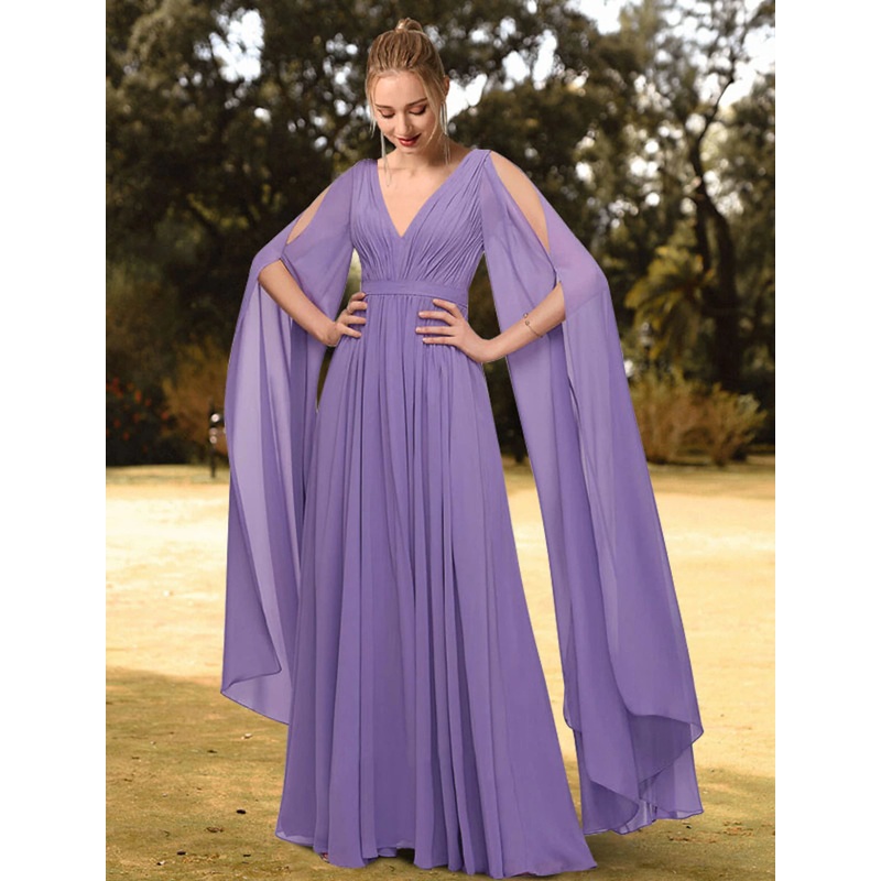 A-Line Evening Gown Empire Dress Wedding Guest Formal Evening Floor Length Long Sleeve V Neck Chiffon with Pleats Pure Color