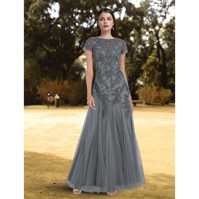 A-Line Evening Gown Floral Dress Wedding Guest Formal Evening Floor Length Short Sleeve Jewel Neck Lace with Pleats Pure Color