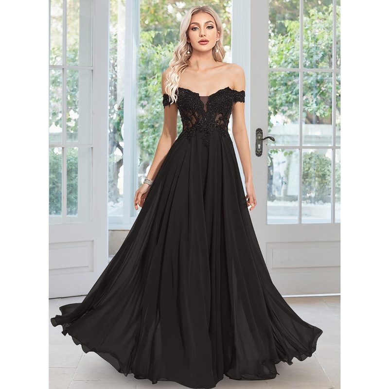 A-Line Evening Gown Floral Dress Wedding Guest Prom Floor Length Sleeveless Off Shoulder Chiffon with Appliques