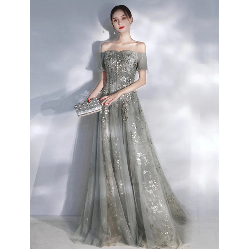 A-Line Evening Gown Glittering Dress Engagement Formal Evening Floor Length Short Sleeve Off Shoulder Spandex with Sequin Appliques