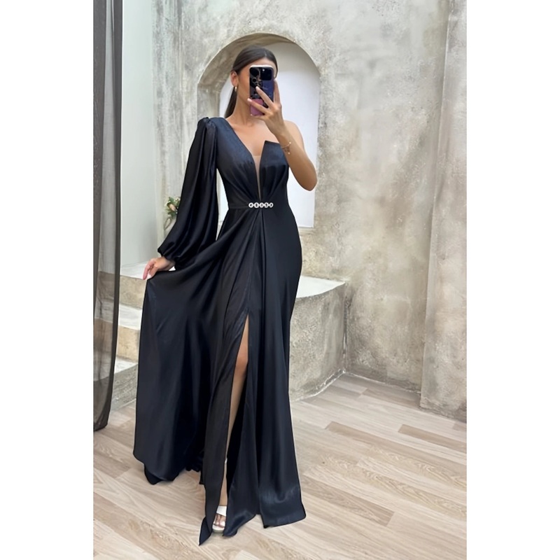 A-Line Evening Gown High Split Dress Formal Fall Sweep / Brush Train Long Sleeve One Shoulder Satin with Pleats Crystals Slit