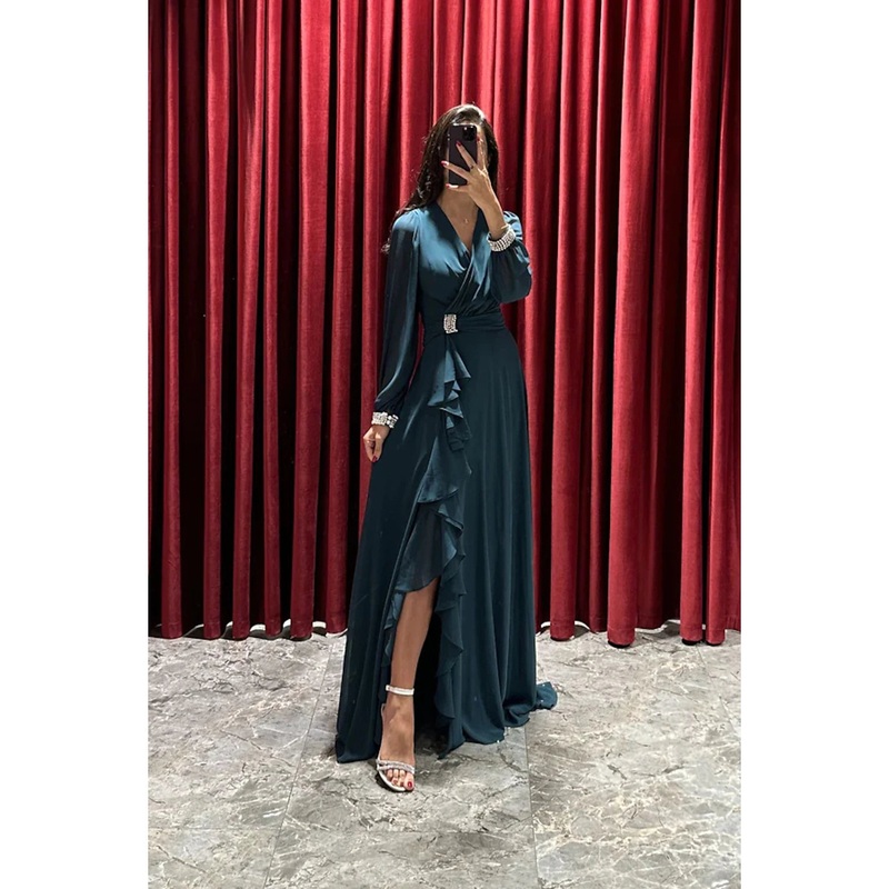 A-Line Evening Gown High Split Dress Formal Fall Sweep / Brush Train Long Sleeve V Neck Stretch Fabric with Pleats Crystals Ruffles