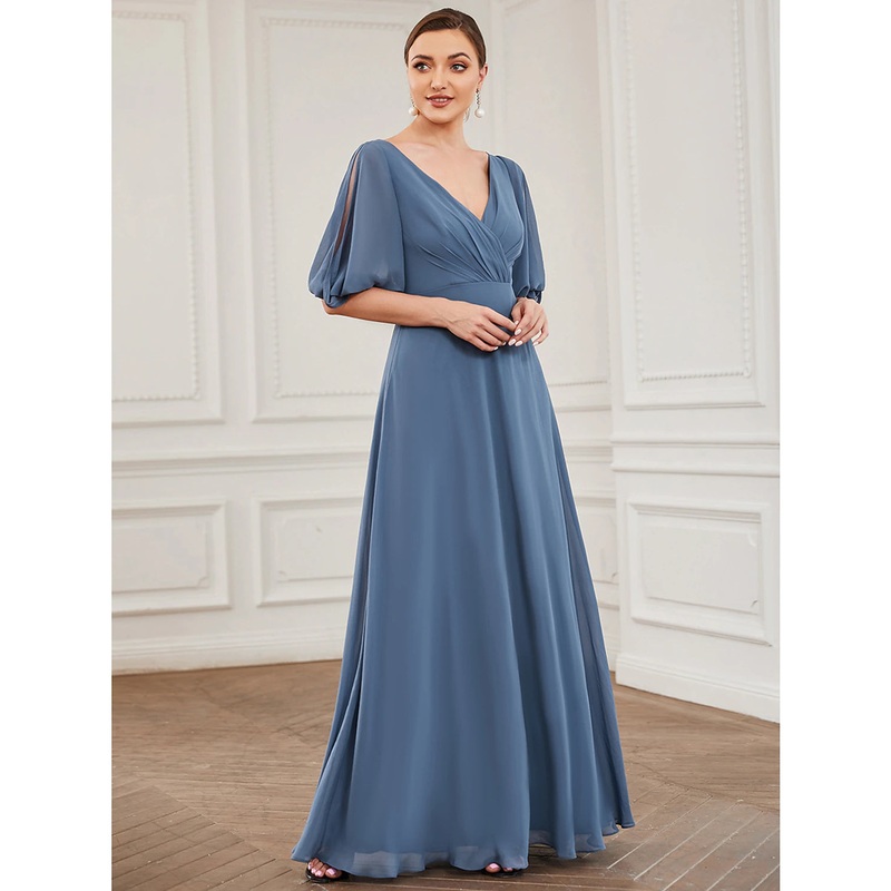 A-Line Evening Gown Minimalist Dress Wedding Guest Prom Floor Length Half Sleeve V Neck Chiffon with Pleats