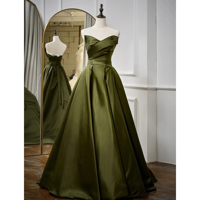 A-Line Evening Gown Open Back Dress Formal Wedding Guest Floor Length Sleeveless Strapless Satin with Pleats Strappy