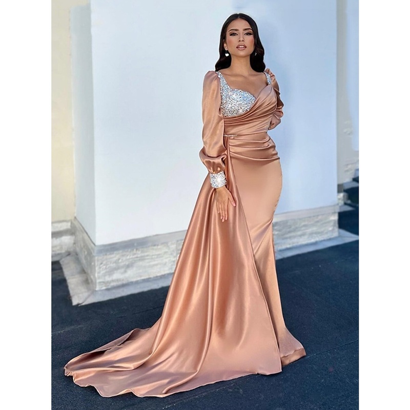 A-Line Evening Gown Sparkle & Shine Dress Formal Fall Court Train Long Sleeve Square Neck Satin with Glitter Ruched