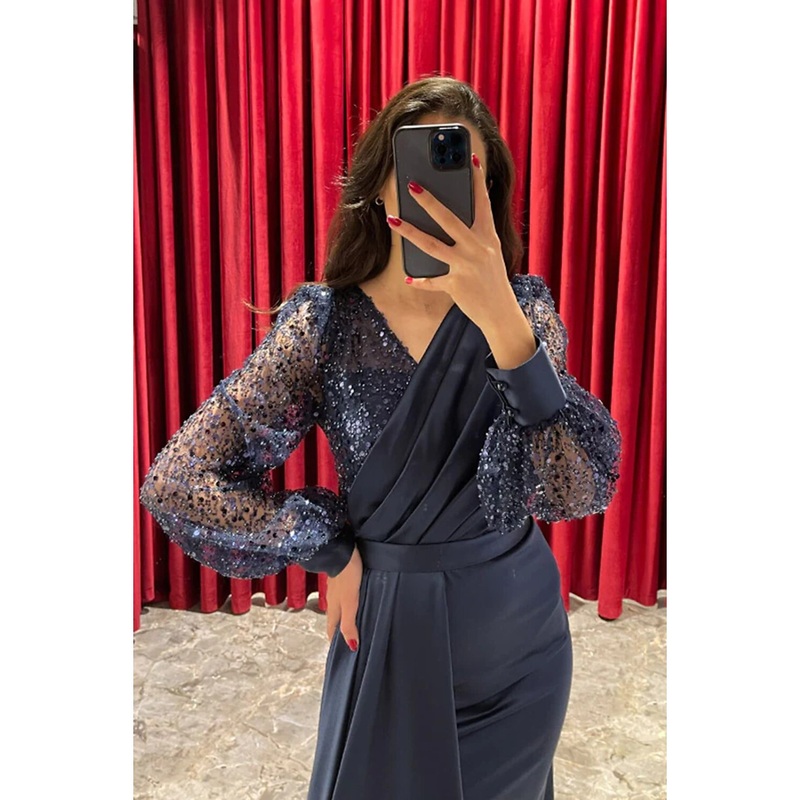 A-Line Evening Gown Sparkle & Shine Dress Formal Fall Sweep / Brush Train Long Sleeve V Neck Sequined with Glitter Pleats