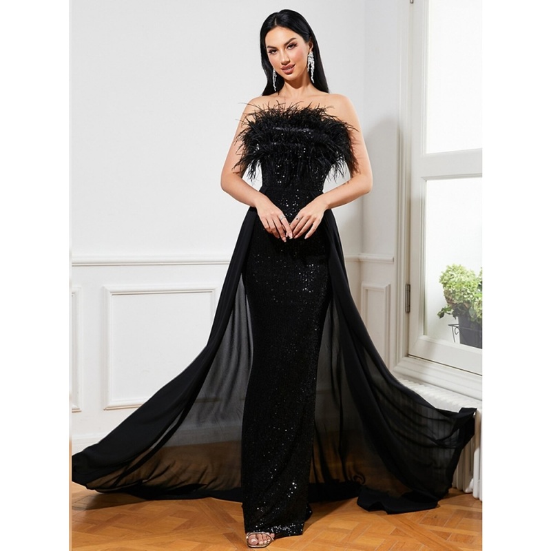 A-Line Evening Gown Sparkle & Shine Dress Formal Fall Sweep / Brush Train Sleeveless Strapless Sequined with Feather Glitter