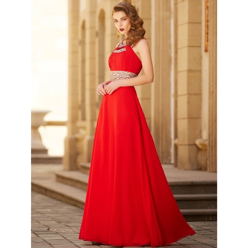 A-Line Evening Gown Sparkle & Shine Dress Party Wear Wedding Party Floor Length Sleeveless Halter Neck Chiffon with Rhinestone Slit