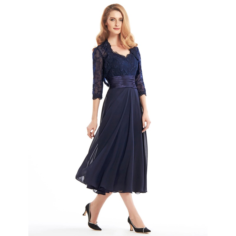A-Line Mother of the Bride Dress Convertible Dress V Neck Tea Length Chiffon Corded Lace Sleeveless with Lace Pleats Appliques