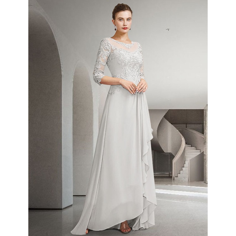 A-Line Mother of the Bride Dress Elegant High Low Jewel Neck Sweep / Brush Train Asymmetrical Chiffon Lace 3/4 Length Sleeve with Pleats Appliques