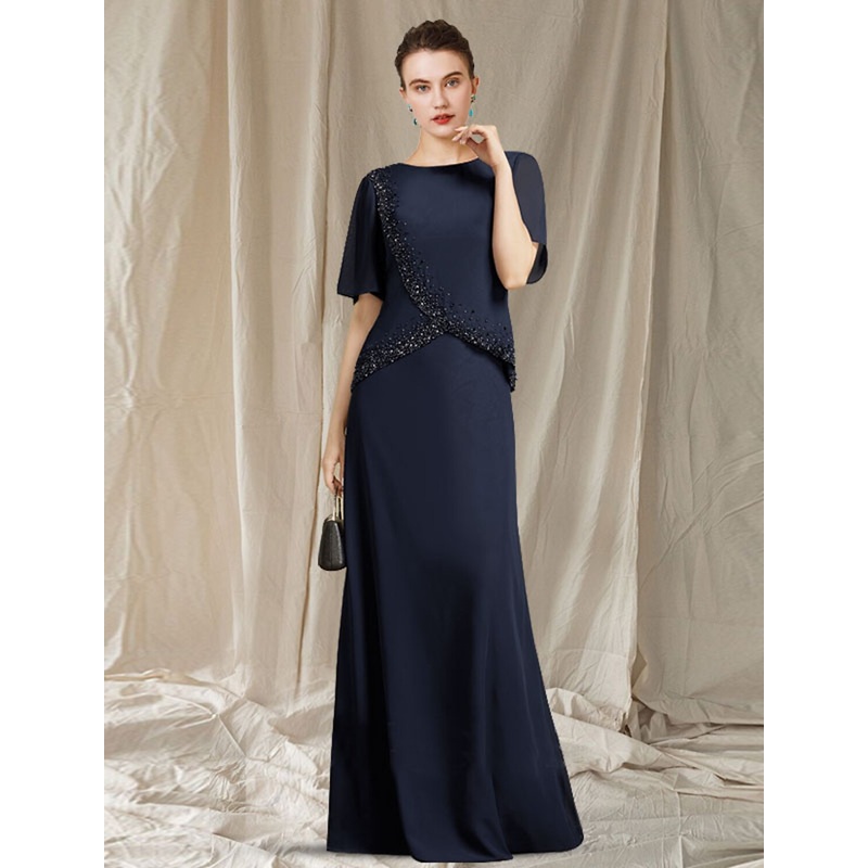 A-Line Mother of the Bride Dress Elegant Jewel Neck Floor Length Chiffon Short Sleeve with Crystals