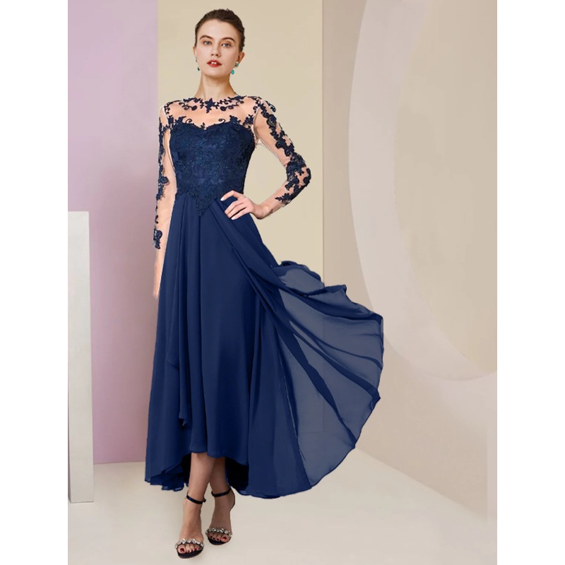 A-Line Mother of the Bride Dress Formal Wedding Guest Elegant High Low Scoop Neck Asymmetrical Tea Length Chiffon Lace 3/4 Length Sleeve with Pleats Appliques