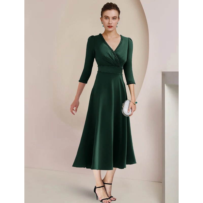 A-Line Mother of the Bride Dress Formal Wedding Guest Party Elegant V Neck Tea Length Stretch Fabric 3/4 Length Sleeve with Beading Side-Draped