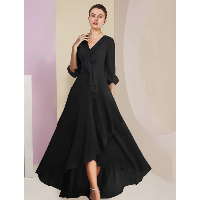 A-Line Mother of the Bride Dress Formal Wedding Guest Vintage Elegant V Neck Asymmetrical Ankle Length Chiffon 3/4 Length Sleeve with Flower