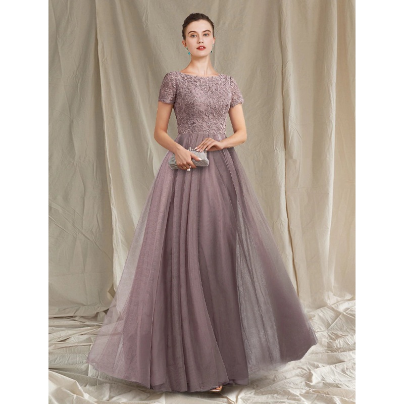 A-Line Mother of the Bride Dress Luxurious Elegant Jewel Neck Floor Length Lace Tulle Short Sleeve with Pleats Appliques