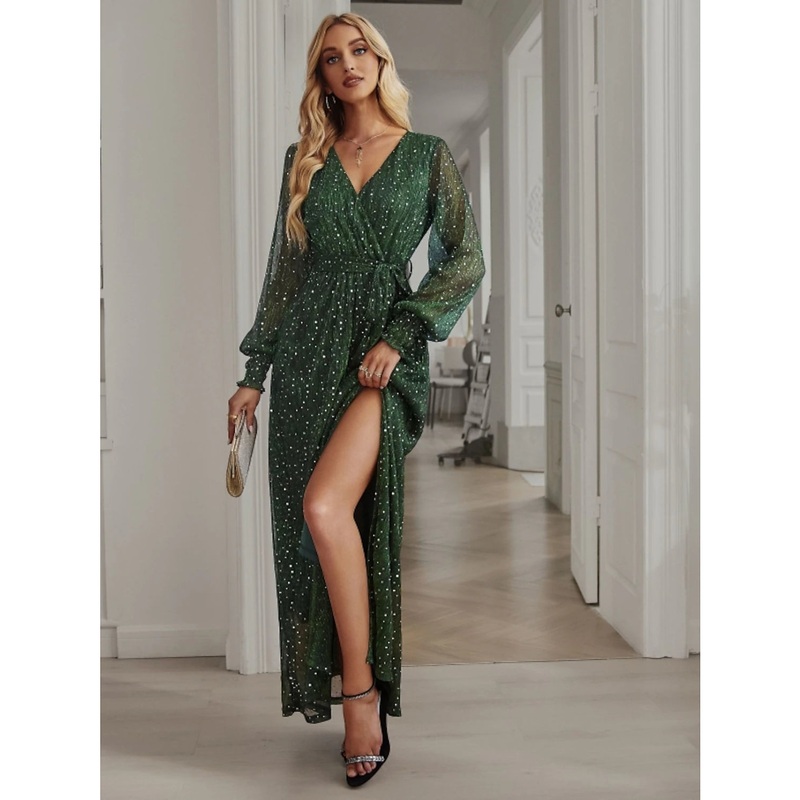 A-Line Party Dresses Sparkle & Shine Dress Birthday Fall Ankle Length Long Sleeve V Neck Chiffon with Glitter Sequin Slit
