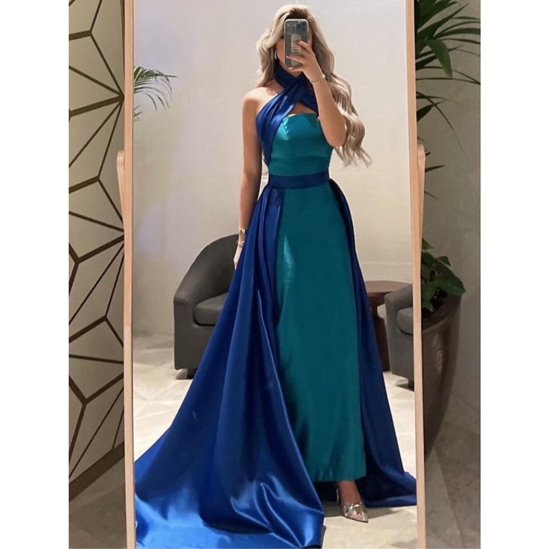 A-Line Evening Gown Elegant Dress Formal Court Train Sleeveless Halter Neck Satin with Pleats
