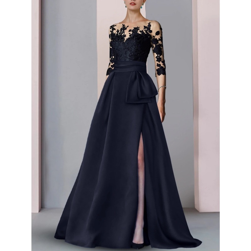 A-Line Evening Gown High Split Dress Formal Fall Sweep / Brush Train Half Sleeve Illusion Neck Satin with Slit Embroidery