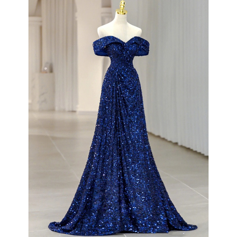 A-Line Evening Gown Sparkle & Shine Dress Formal Wedding Guest Sweep / Brush Train Sleeveless Off Shoulder Sequined with Glitter Sequin