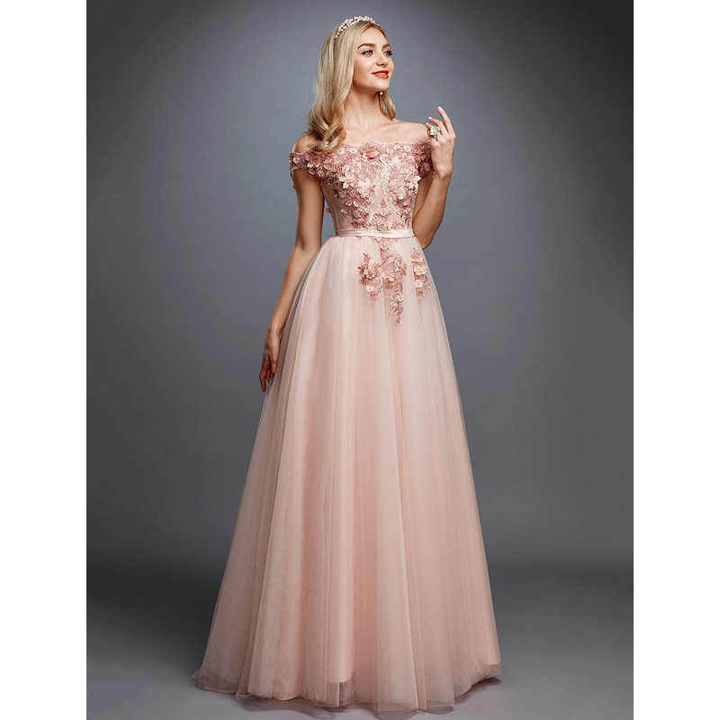 A-Line Floral Dress Wedding Guest Prom Sweep / Brush Train Sleeveless Off Shoulder Tulle Over Lace with Appliques
