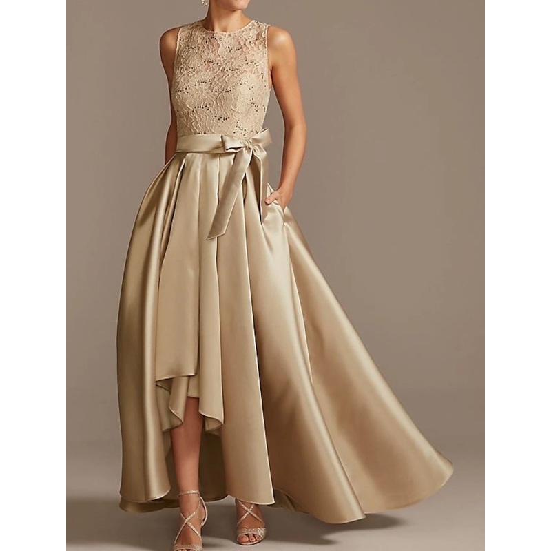A-Line Mother of the Bride Dress Elegant High Low Wedding Guest Sleeveless Scoop Neck Satin Lace Asymmetrical with Bow(s) Pleats