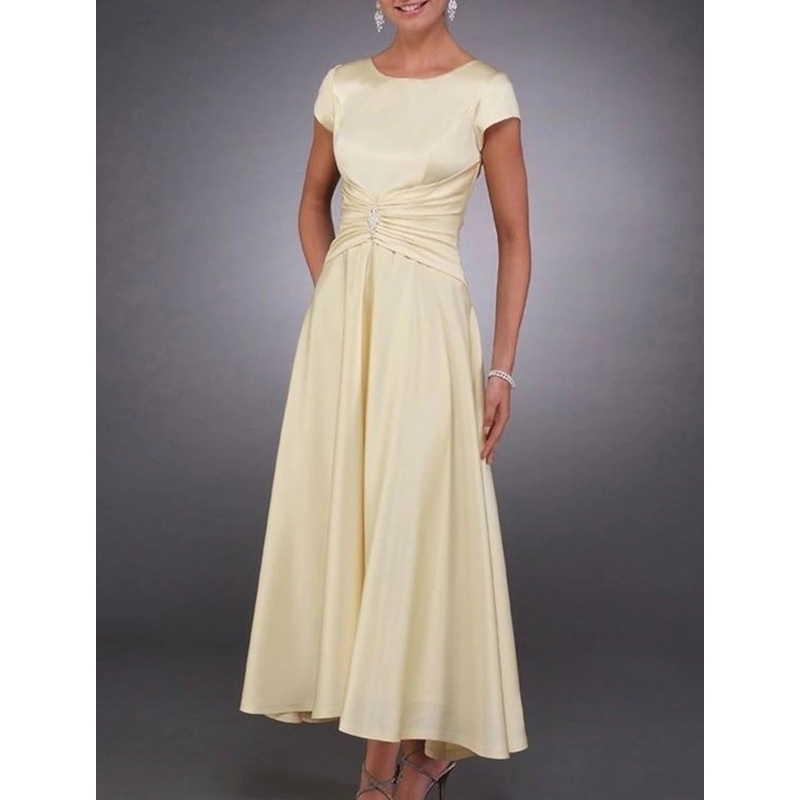 A-Line Mother of the Bride Dress Elegant Jewel Neck Ankle Length Satin Stretch Satin Short Sleeve with Pleats Crystals Draping