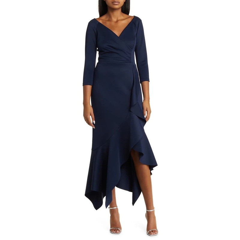 A-Line Mother of the Bride Dress Formal Wedding Guest Party Elegant High Low V Neck Asymmetrical Tea Length Satin 3/4 Length Sleeve with Ruffles