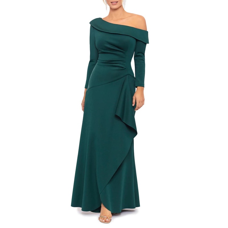 A-Line Mother of the Bride Dress Formal Wedding Guest Party Elegant One Shoulder Floor Length Satin Half Sleeve with Pleats Split Front