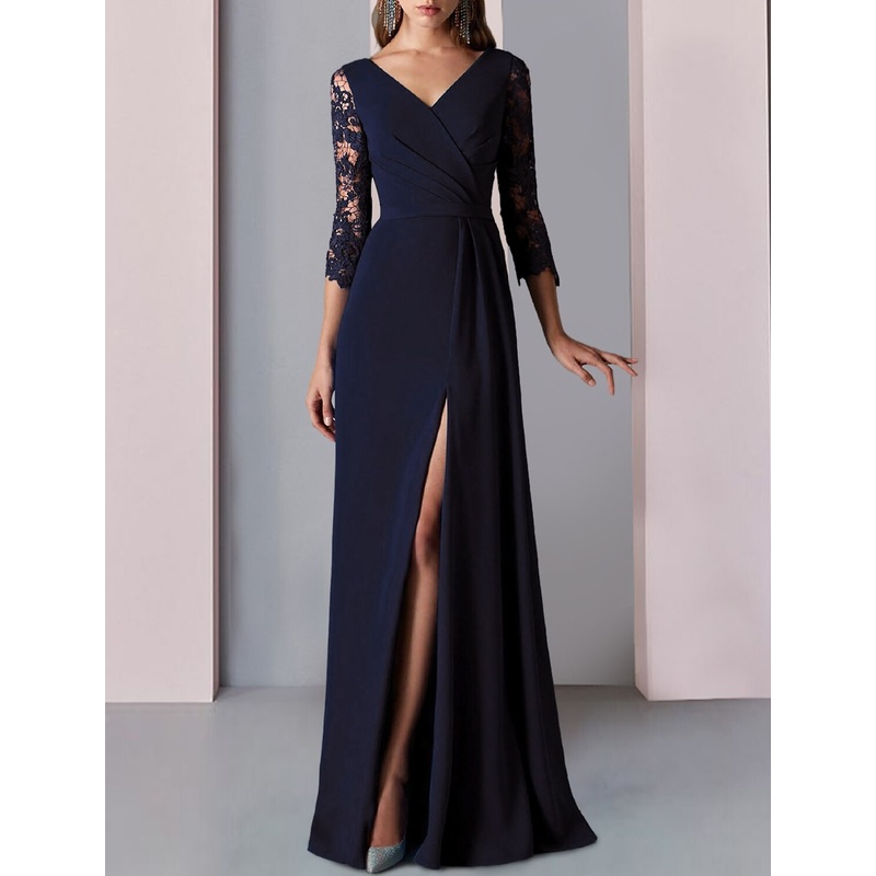 A-Line Mother of the Bride Dress Formal Wedding Guest Party Elegant V Neck Floor Length Lace Stretch Chiffon 3/4 Length Sleeve with Appliques Split Front