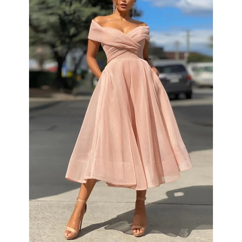A-Line Cocktail Dresses Vintage Dress Wedding Guest Tea Length Sleeveless Off Shoulder Tulle with Pleats