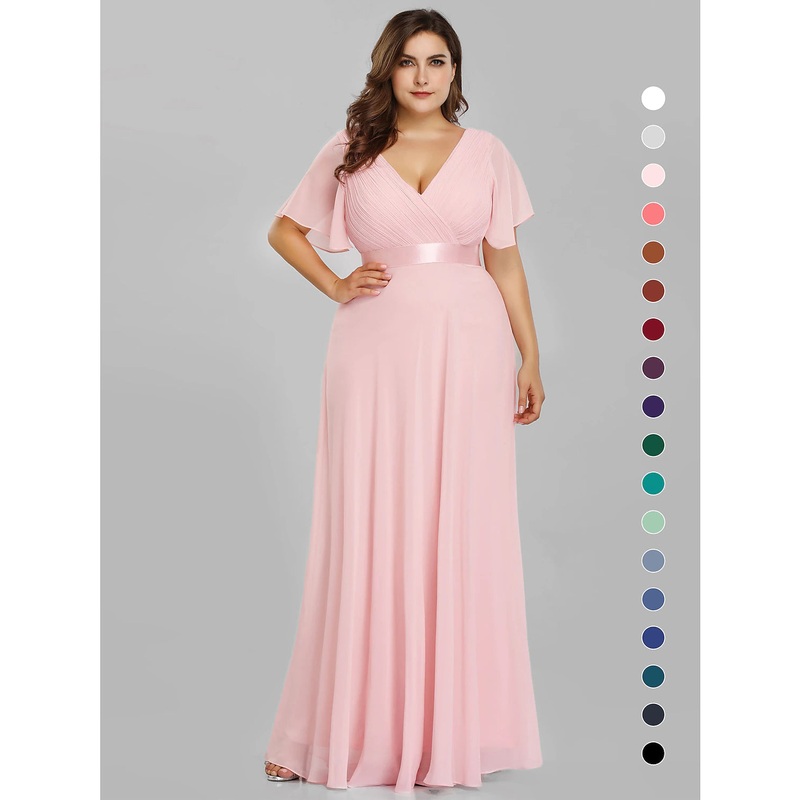 A-Line Empire Fall Wedding Guest Dress For Bridesmaid Plus Size Formal Evening Dress V Neck Short Sleeve Floor Length Chiffon with Pleats Ruched