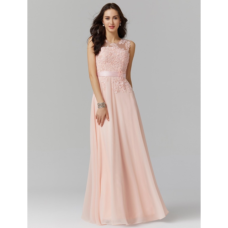 A-Line Evening Gown High Waisted Prom Dress Bridesmaid Wedding Guest Chiffon Floor Length Sleeveless Illusion Neck Georgette with Appliques
