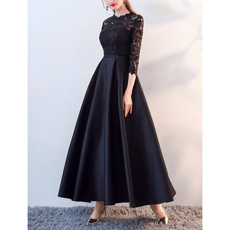 A-Line Mother of the Bride Dress Elegant Jewel Neck Ankle Length Satin Lace 3/4 Length Sleeve with Lace Appliques