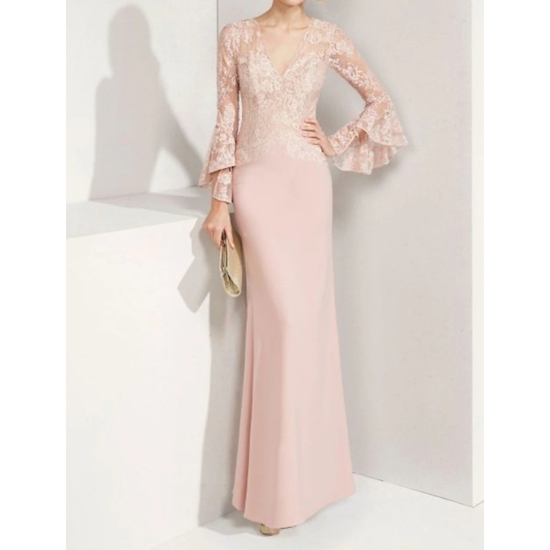 A-Line Mother of the Bride Dress Elegant Jewel Neck Floor Length Chiffon Lace Long Sleeve with Appliques