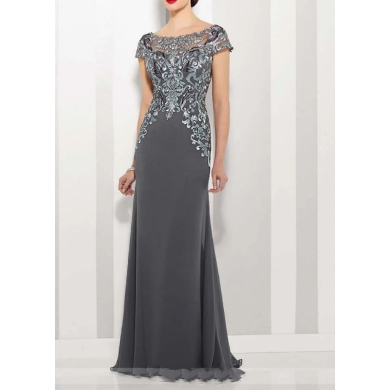 A-Line Mother of the Bride Dress Elegant Jewel Neck Floor Length Chiffon Lace Short Sleeve with Lace Appliques