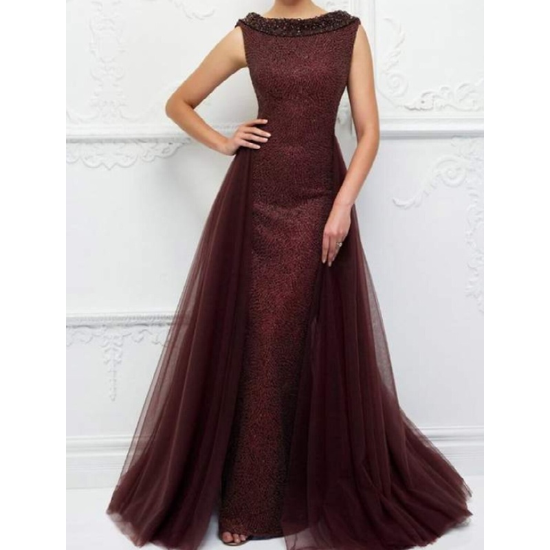 A-Line Mother of the Bride Dress Elegant Jewel Neck Floor Length Lace Sleeveless with Pleats