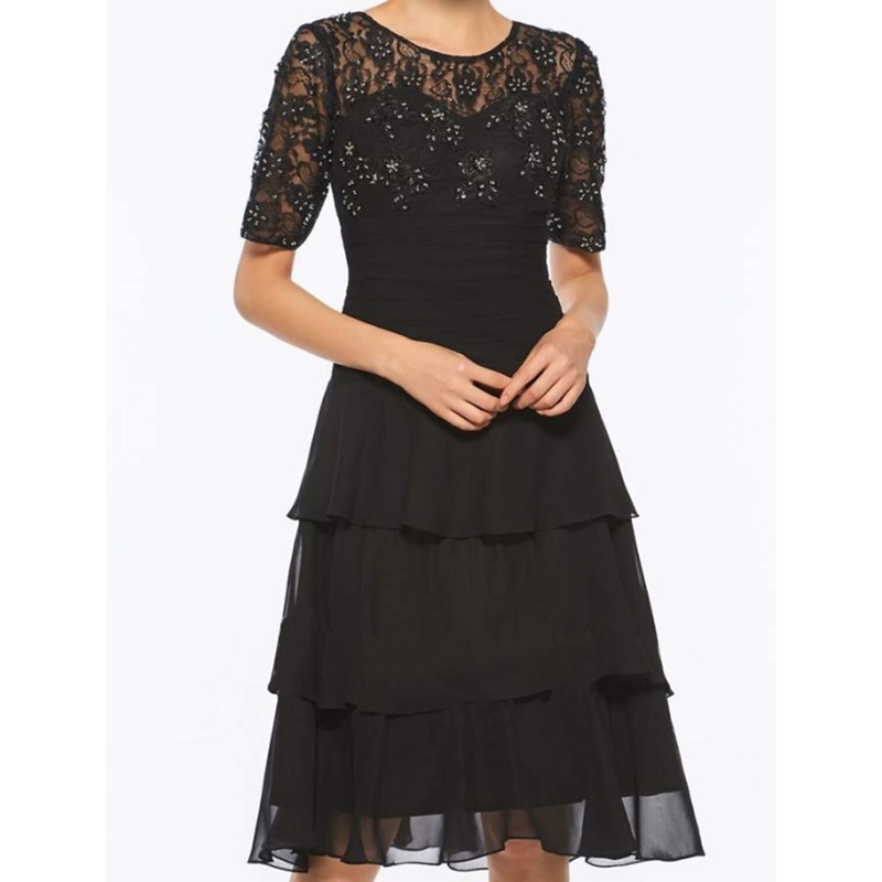 A-Line Mother of the Bride Dress Elegant Jewel Neck Knee Length Chiffon Lace Short Sleeve with Embroidery Cascading Ruffles
