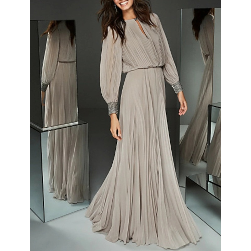 A-Line Mother of the Bride Dress Elegant & Luxurious Jewel Neck Floor Length Chiffon Long Sleeve with Buttons Pleats Beading