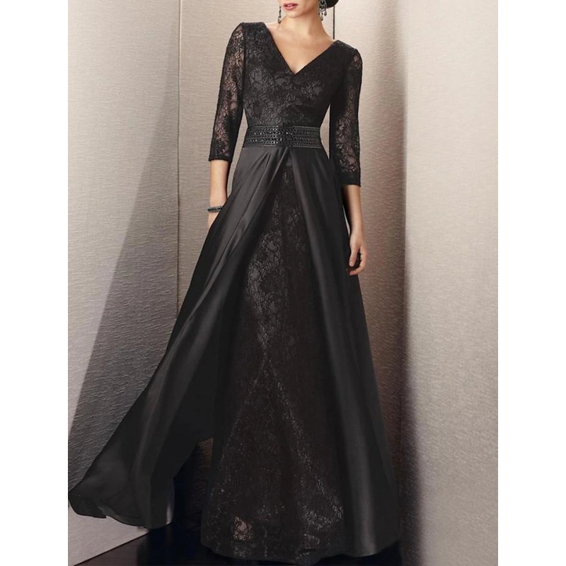 A-Line Mother of the Bride Dress Formal Wedding Guest Party Elegant V Neck Floor Length Satin Lace 3/4 Length Sleeve with Crystal Brooch